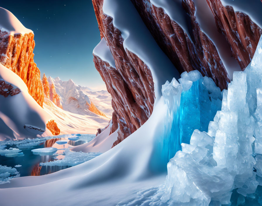 Icy Landscape with Blue Ice Formations and Snow-Covered Slopes