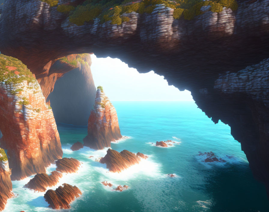 Majestic sea arch, rugged cliffs, lush foliage, and turquoise waters with scattered rocks.