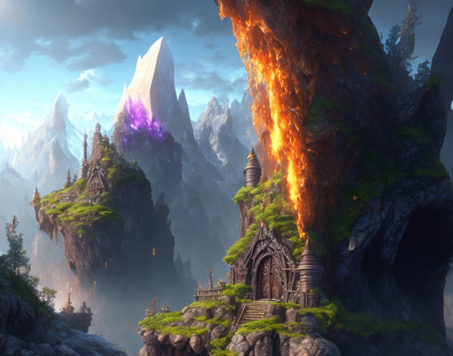 Mystical floating landscape with fiery waterfall and ancient temple