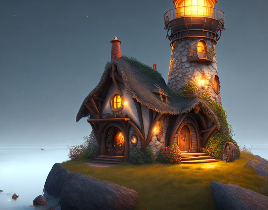 Lighthouse with attached cottage illuminated at twilight