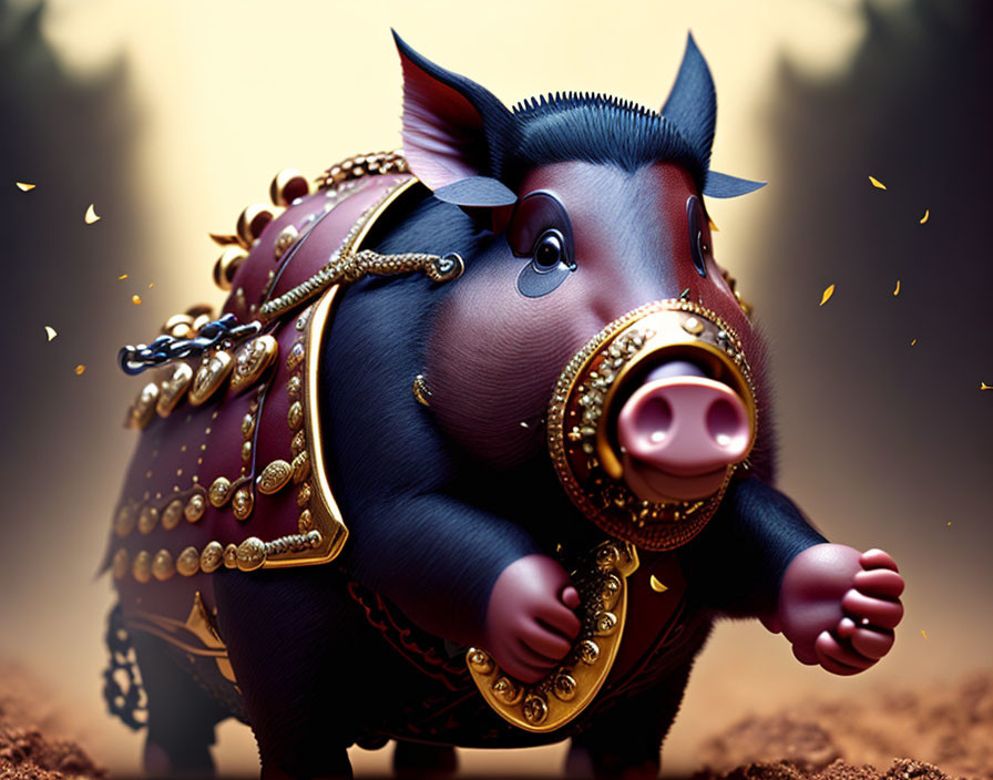 Stylized animated pig character in decorative armor charging forward