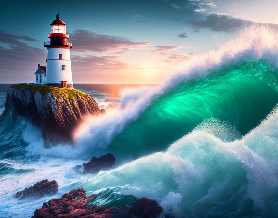 Majestic wave crest near lighthouse on rocky cliff at colorful sunrise or sunset