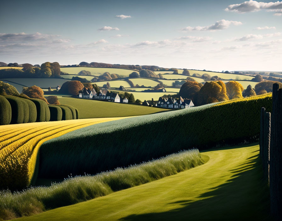 Green and Yellow Fields in Rolling Countryside Landscape