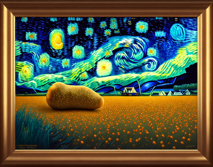 Vibrant night sky painting with crescent moon and village landscape