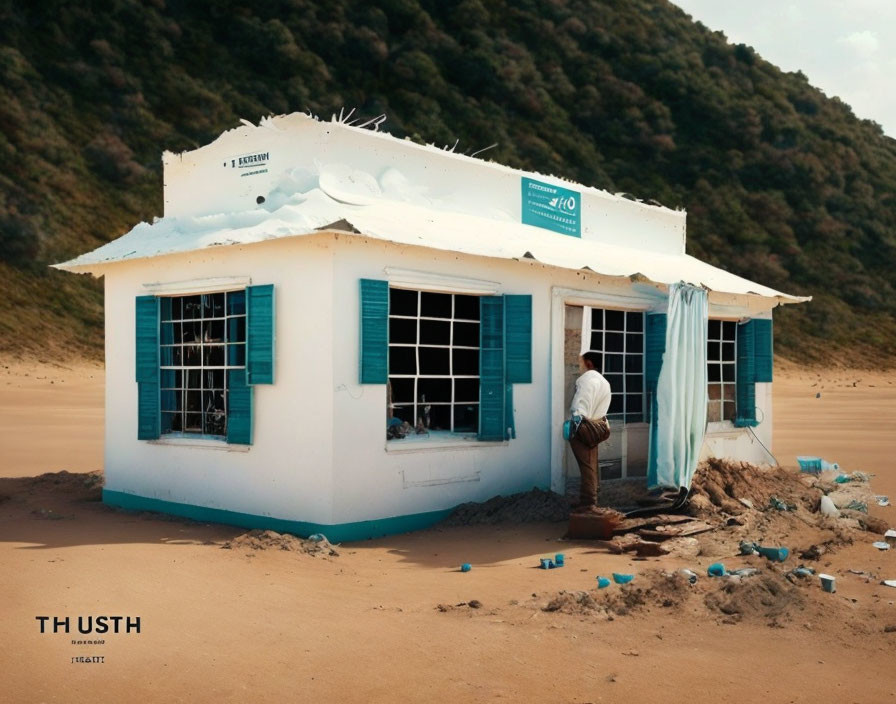 Blue and White Beach House Partially Buried in Sand with Person and Hills Background