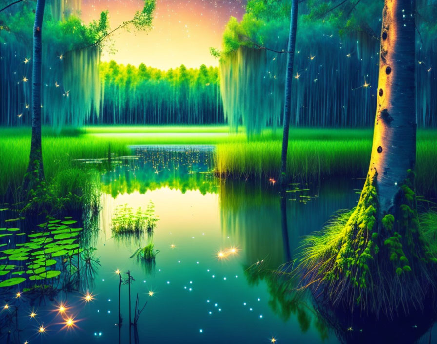 Vivid Northern Lights Forest Scene with Serene Pond