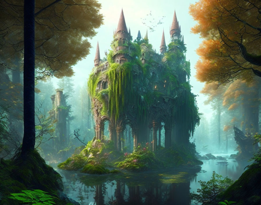 Overgrown castle in enchanting forest scene