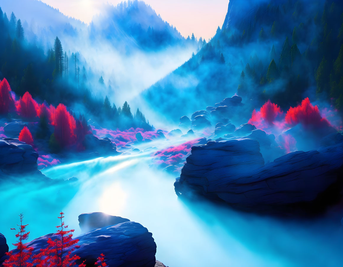 Misty River Landscape with Red Foliage and Blue Mountains