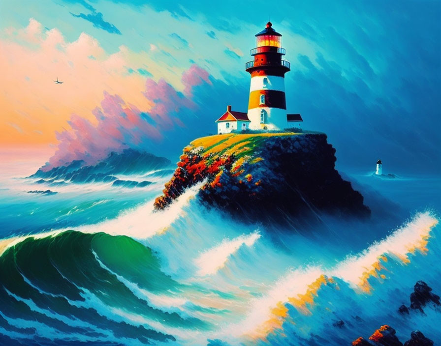 Colorful Lighthouse Painting on Cliff with Crashing Waves