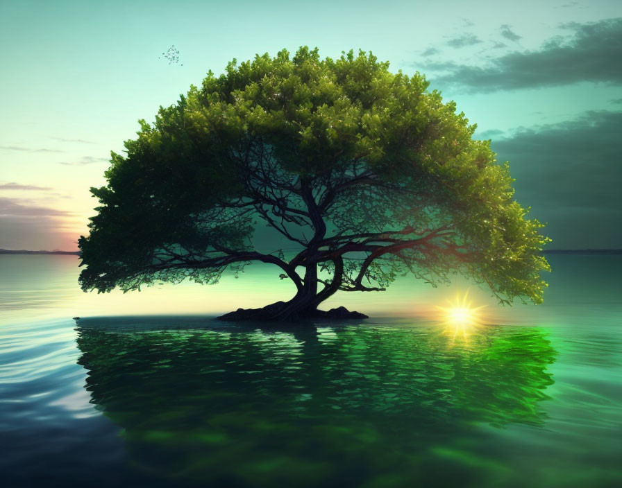 Solitary tree with lush foliage on small mound in serene lake at sunrise