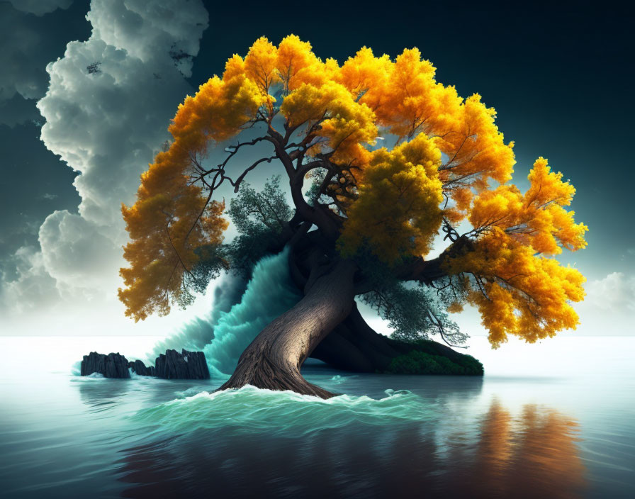 Vibrant Orange Tree on Water Islet Under Moonlight