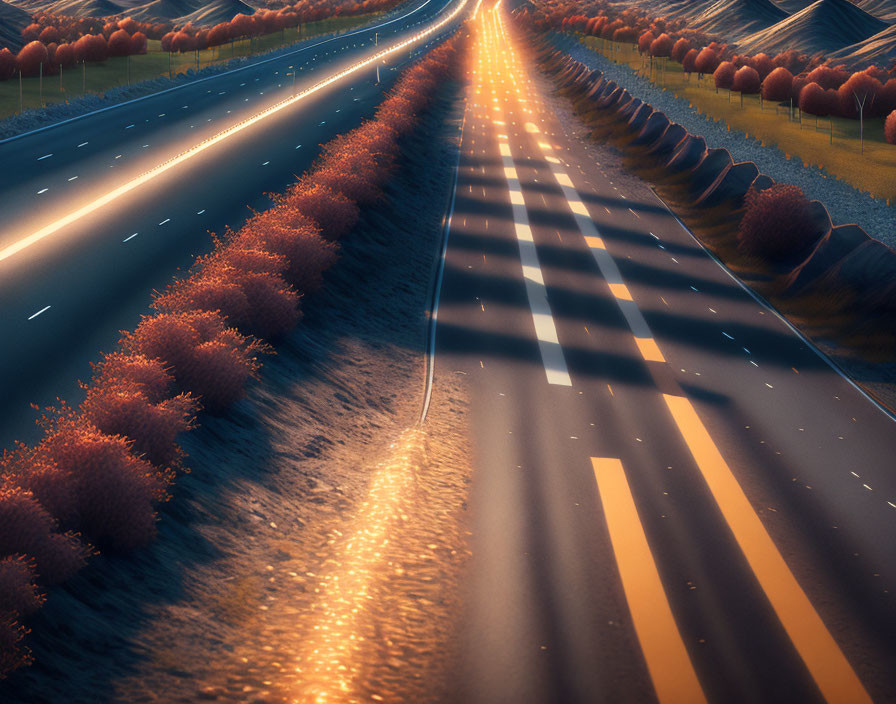 Twilight scene of empty highway with glowing street lights and autumn trees