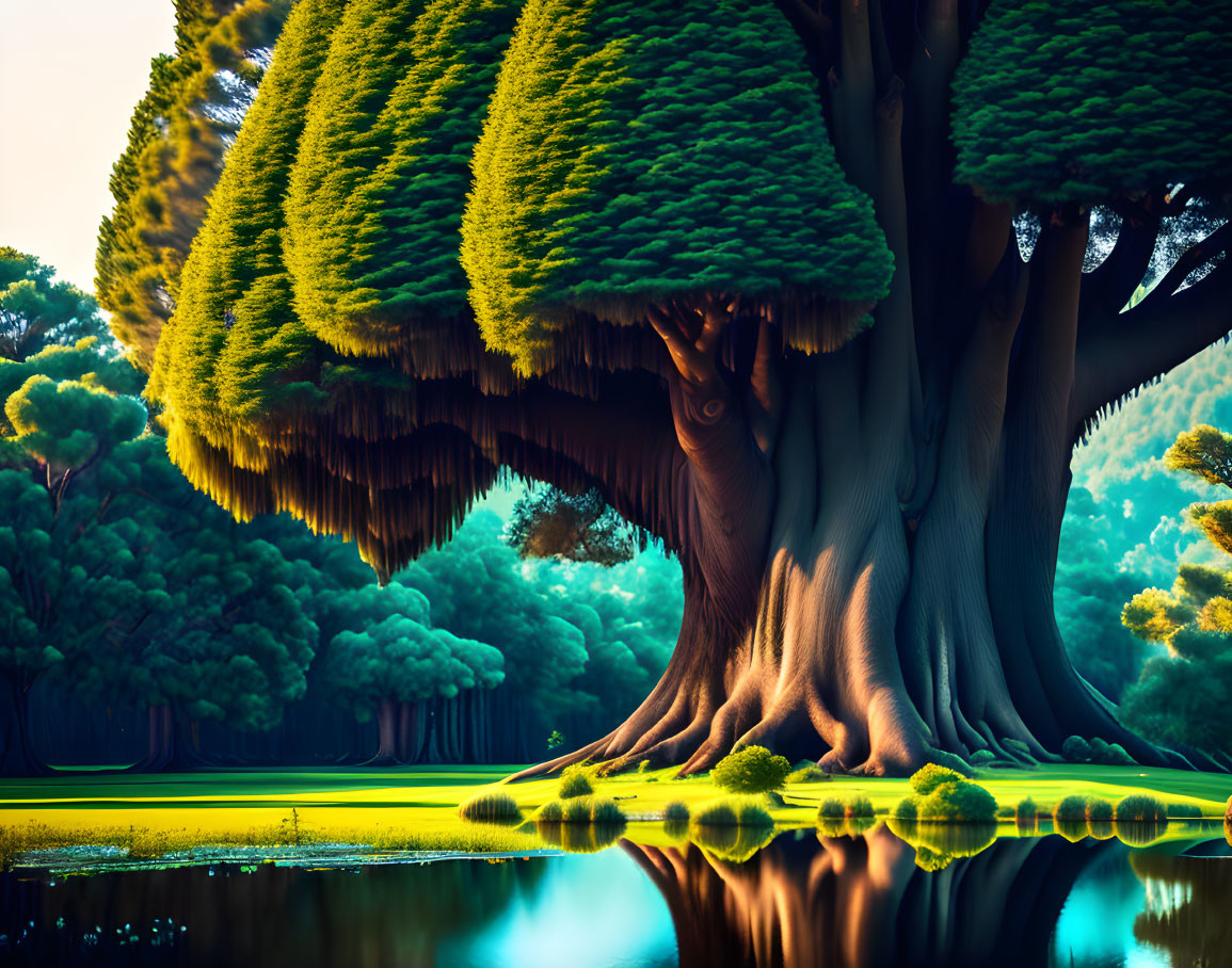 Exaggerated lush green trees in a tranquil lake under warm light