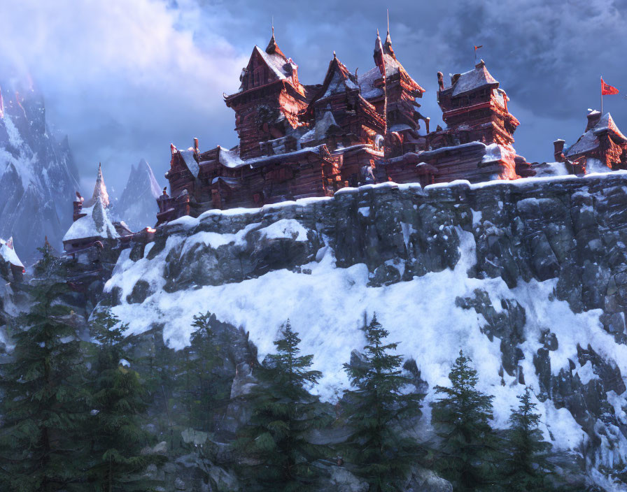 Snow-covered fortress on rocky cliff with misty mountains and evergreen trees.