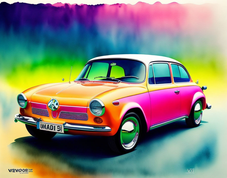 Vibrant classic car illustration with rainbow paint on abstract backdrop