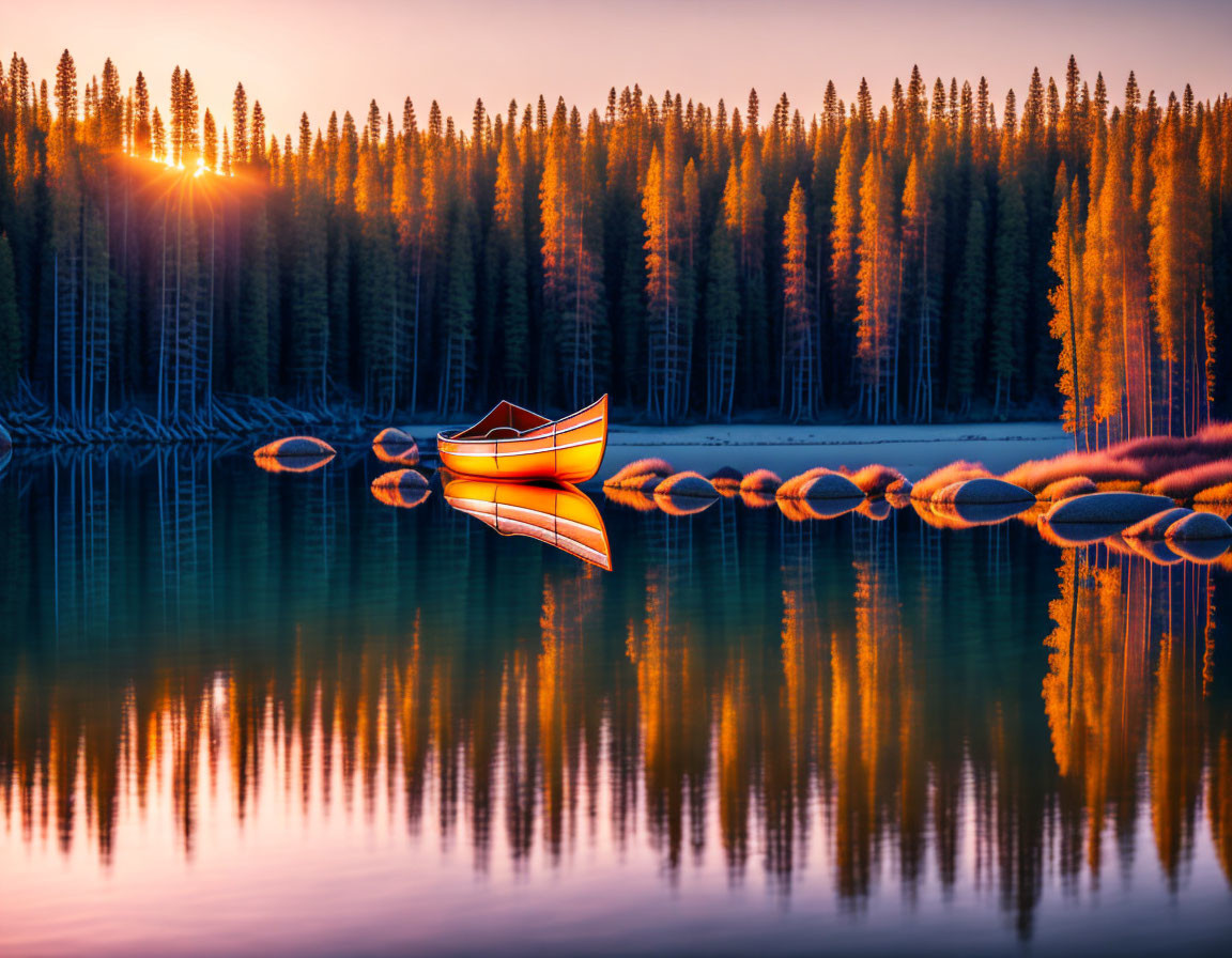 Tranquil sunset lake with orange boat and pine forest