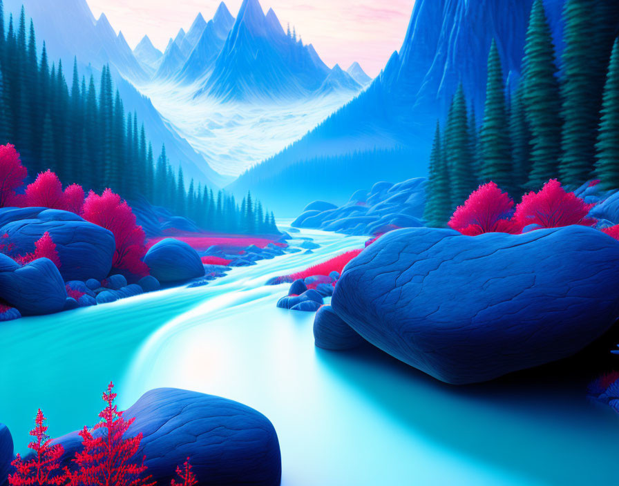 Vibrant blue river in surreal rocky landscape with pink foliage