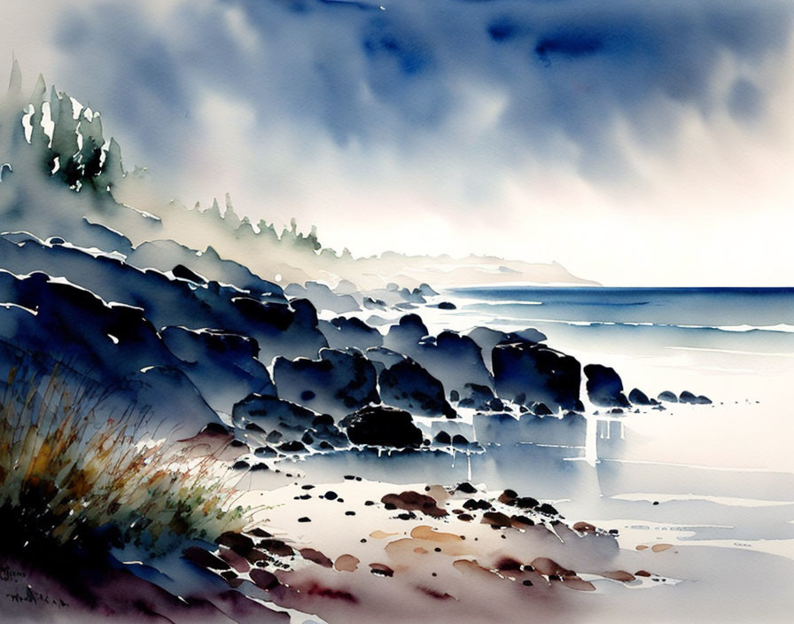 Serene Watercolor Painting of Coastal Landscape