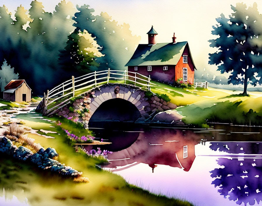 Tranquil countryside watercolor painting with house, lake, bridge, and greenery