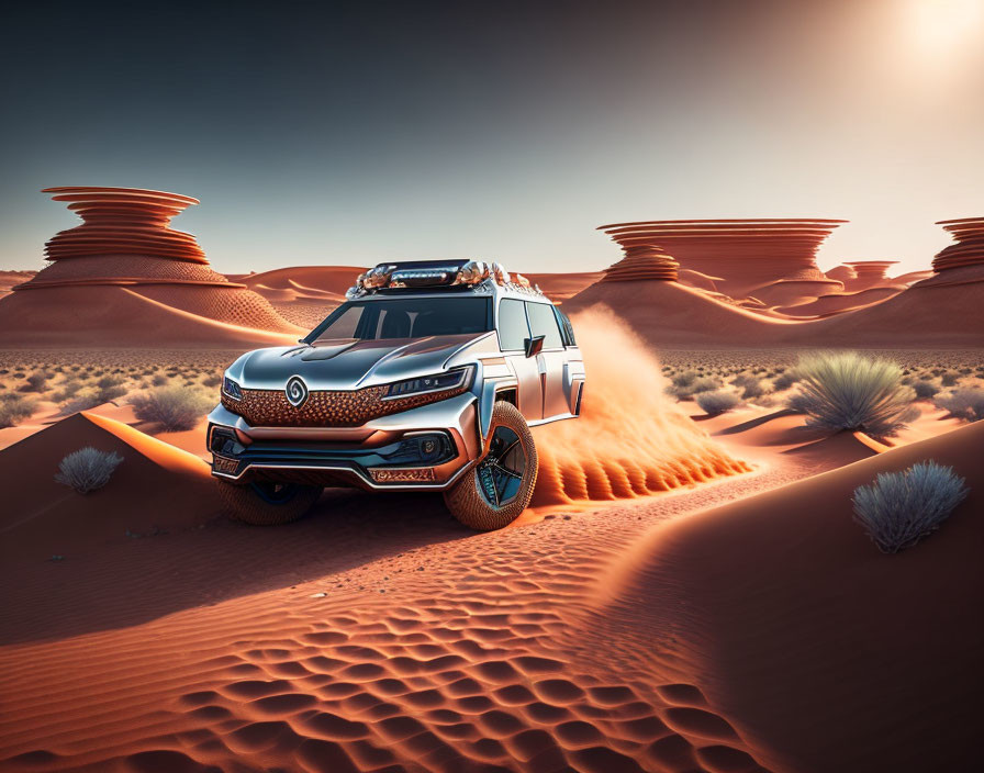 Sleek futuristic SUV in desert with rugged wheels & roof rack