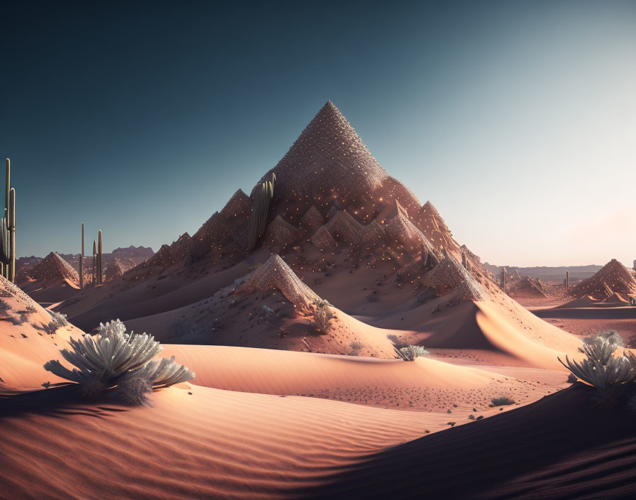 Surreal landscape with crystal pyramid, sand dunes, cacti, and plants