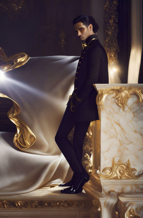 Man in black military-style outfit leaning against marble pillar in luxurious room with golden details.