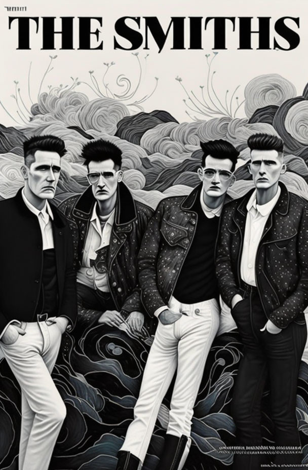 Monochrome fashion illustration of four male figures with swirling cloud patterns.