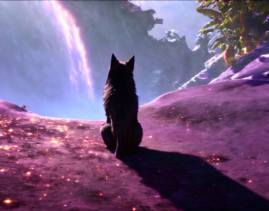 Wolf on Vibrant Purple Terrain Under Cosmic Sky with Pink and Purple Nebula