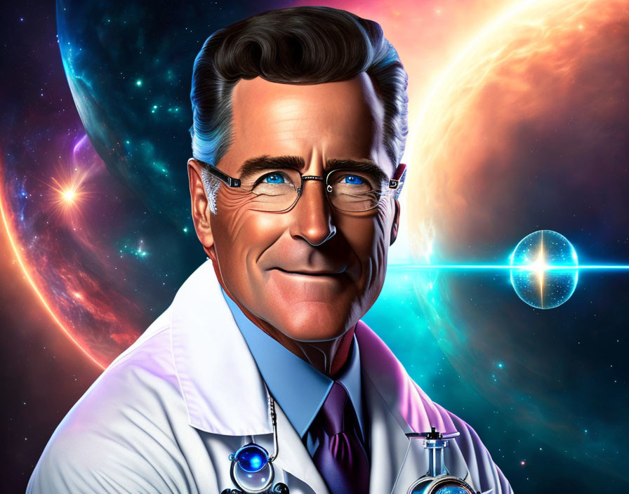 Colorful digital artwork of a smiling man with a stethoscope and cosmic background.