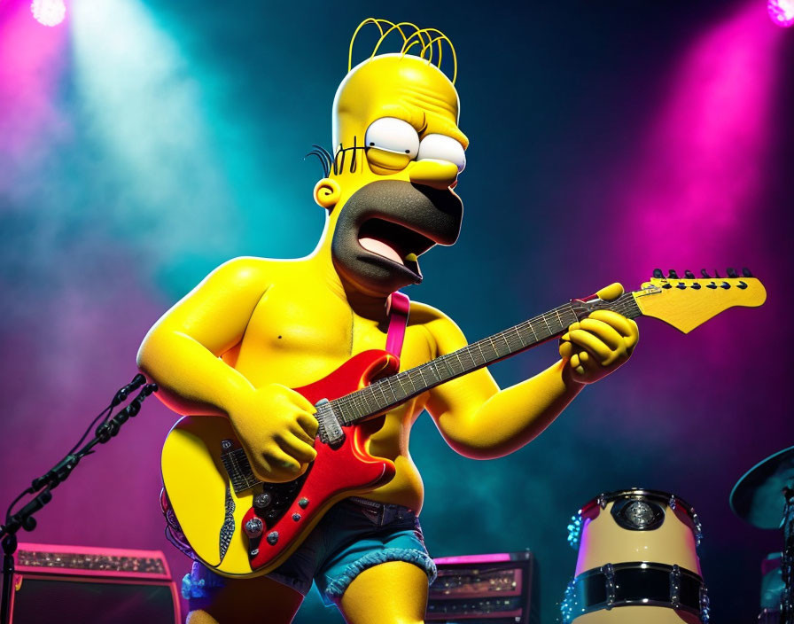 Animated character playing electric guitar on colorful stage