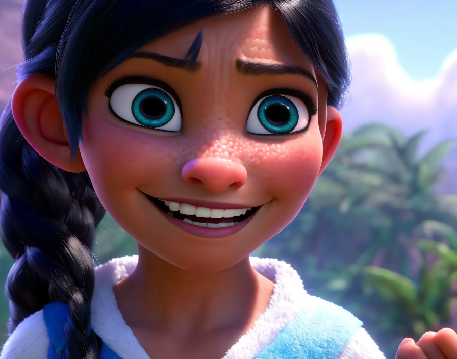 Smiling animated girl with blue eyes and freckles in close-up portrait