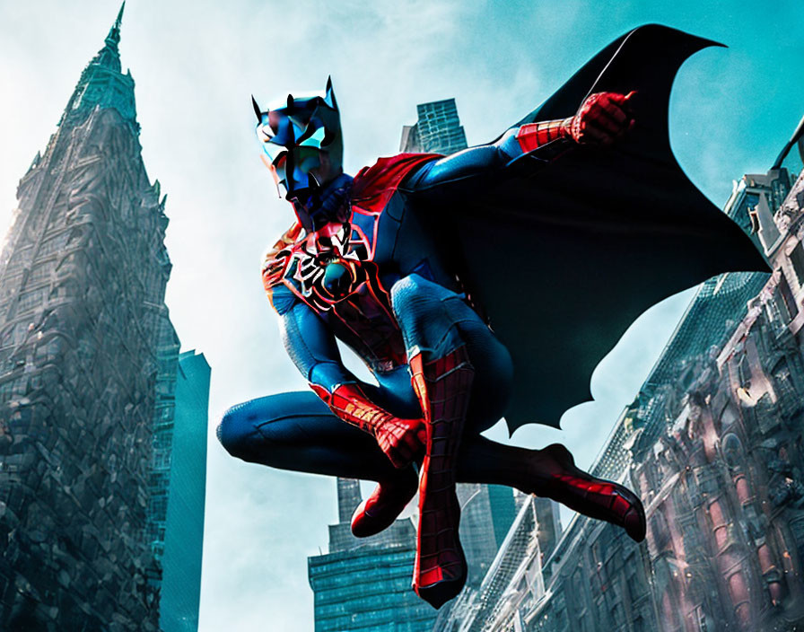 Stylized superhero in blue and red suit with bat-like mask and cape soaring over cityscape