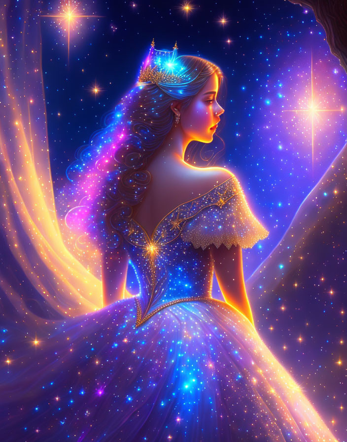 Ethereal woman in starry gown gazes pensively against cosmic backdrop