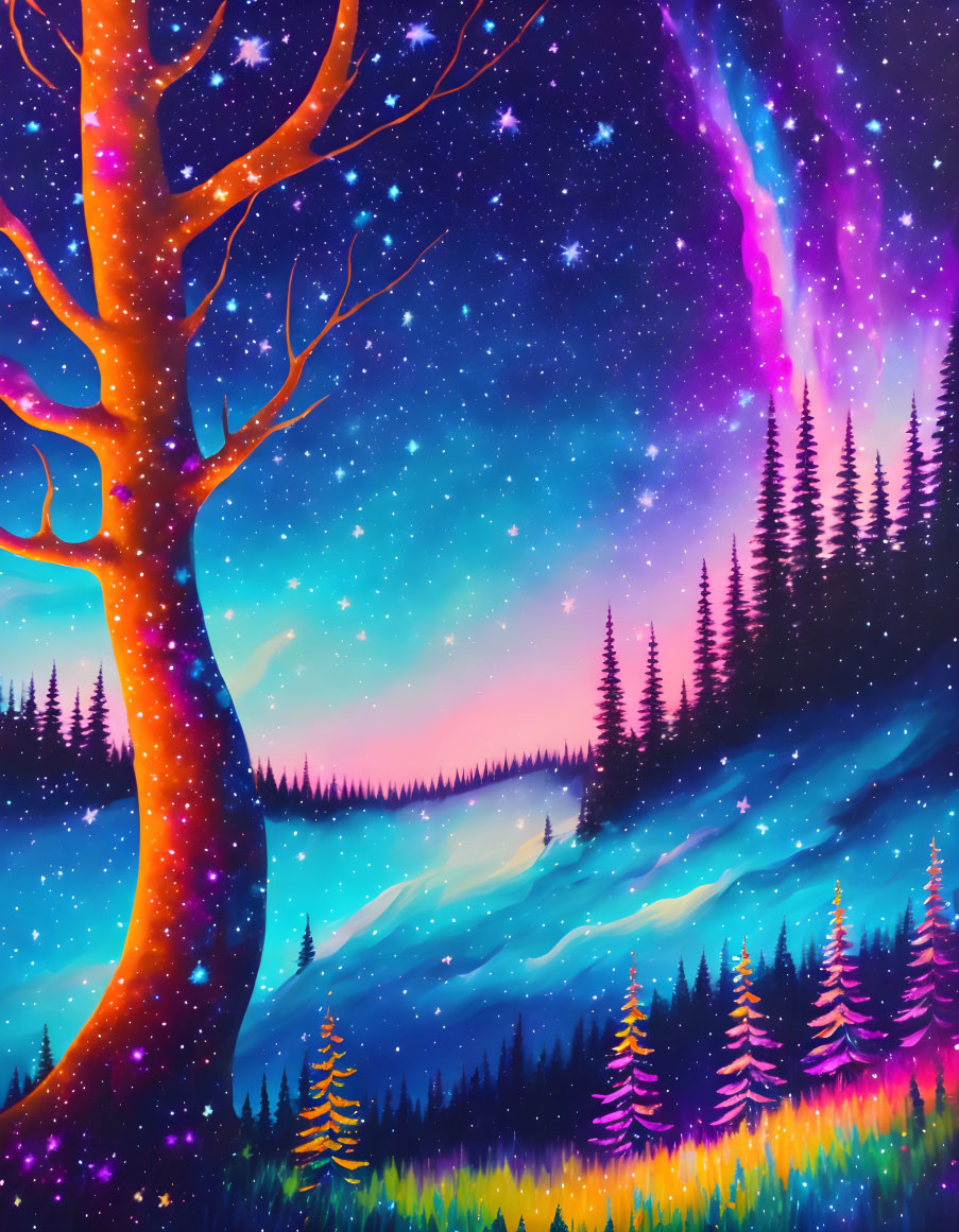 Colorful Aurora Over Pine Forest Night Landscape