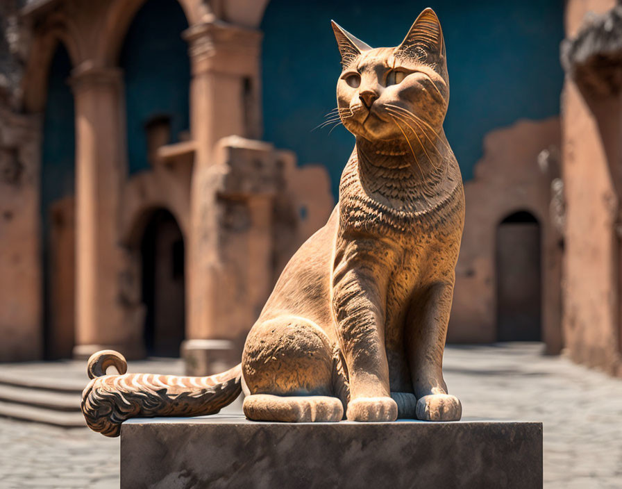 Bronze cat statue with intricate markings against old building with arched doorways