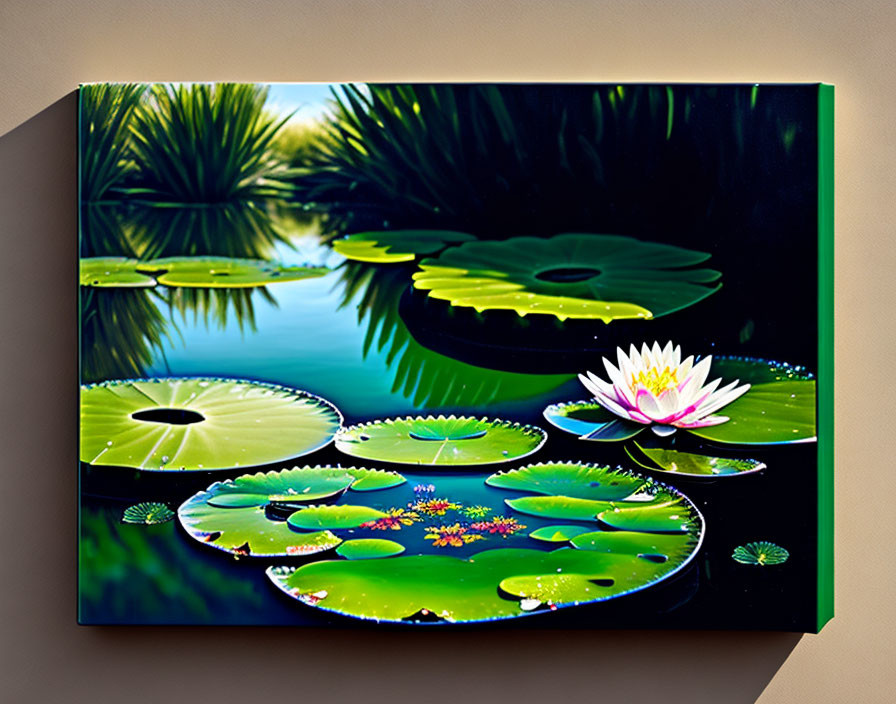 Serene pond scene with lily pads and lotus flower in vibrant canvas print