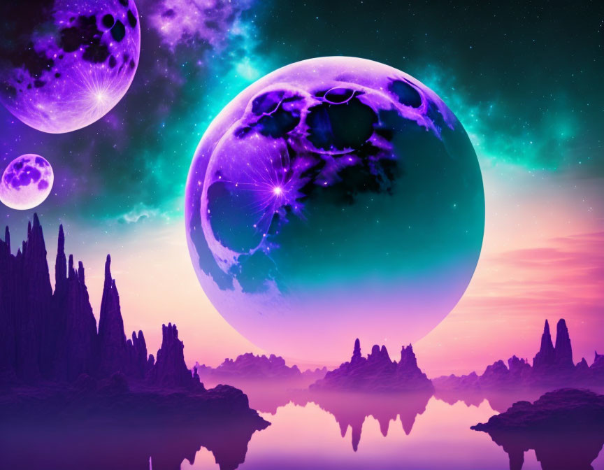 Vibrant sci-fi landscape with purple planets, reflective water, and jagged rocks