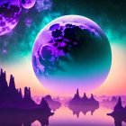 Vibrant sci-fi landscape with purple planets, reflective water, and jagged rocks