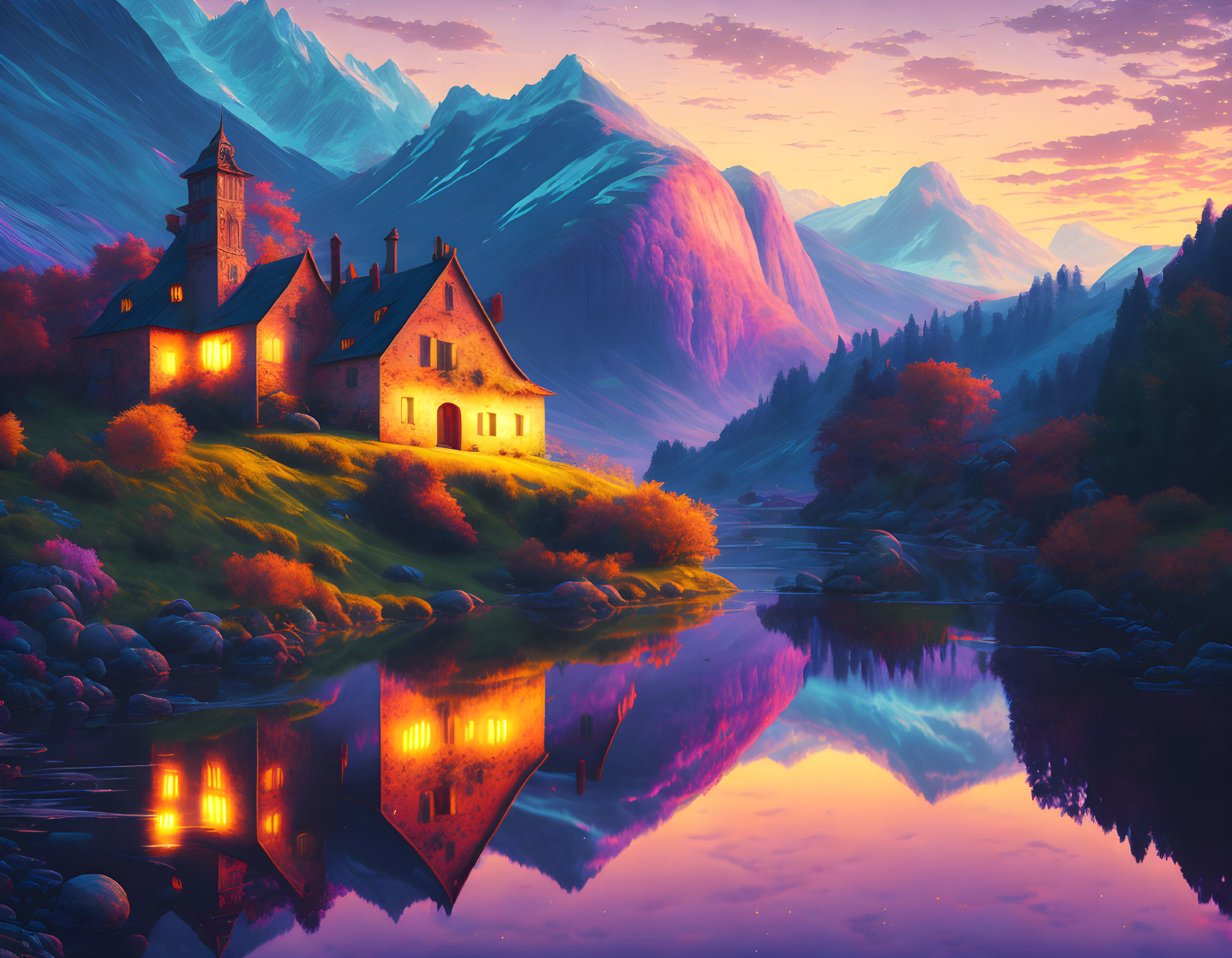 Warm-lit church by reflective river with purple mountains and sunset sky