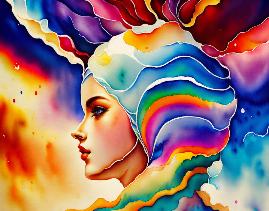 Colorful Abstract Floral Watercolor Woman's Profile Illustration