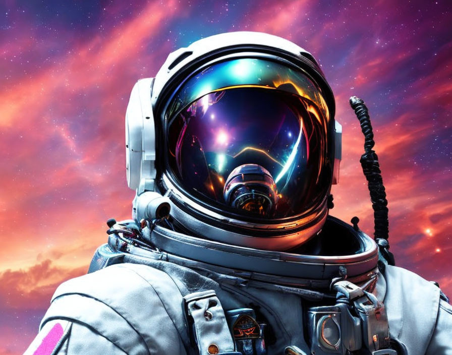 Astronaut with Reflective Visor in Pink and Purple Space Nebula