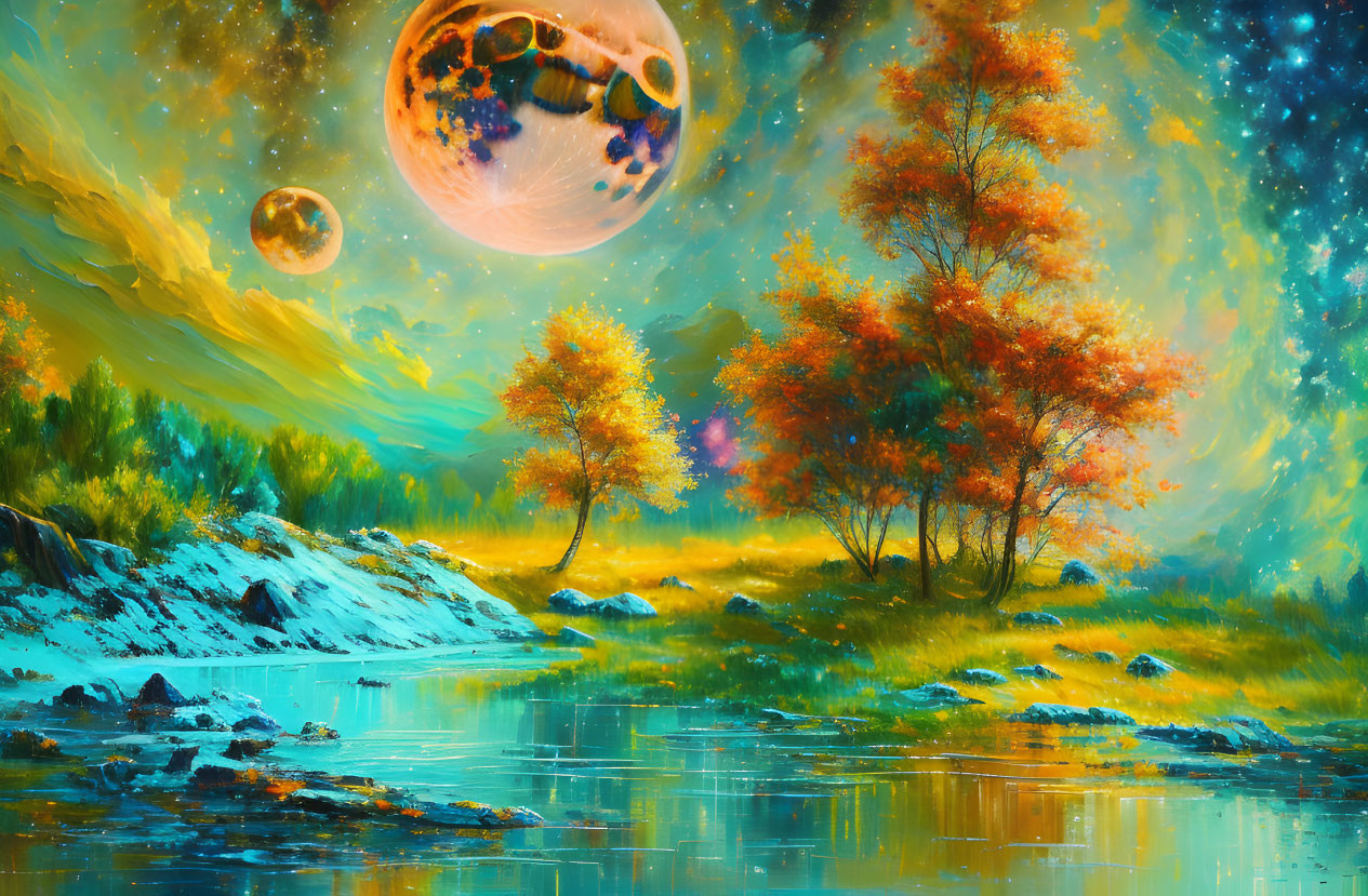 Colorful Autumn Landscape with River and Fantastical Planets