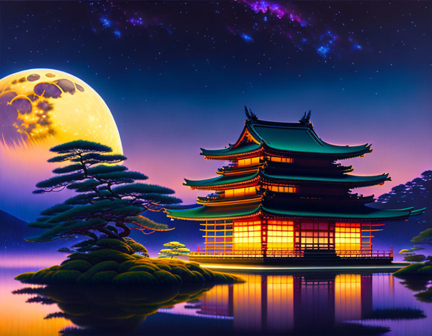 Japanese Pagoda by Reflective Lake Under Starry Sky with Full Moon