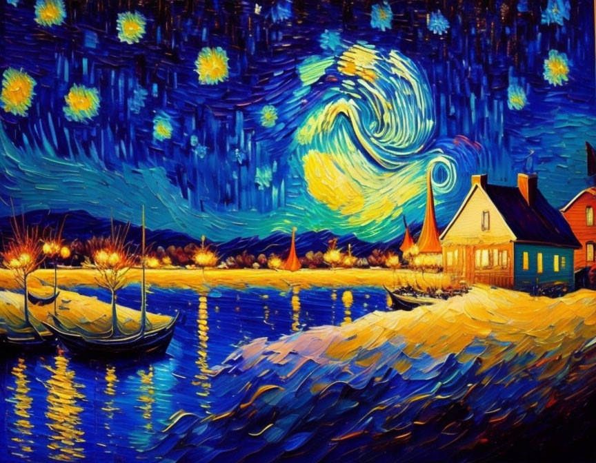 Colorful painting of starry sky over serene village by reflective water