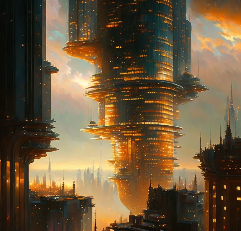 Futuristic cityscape at dusk with towering skyscrapers and golden sky