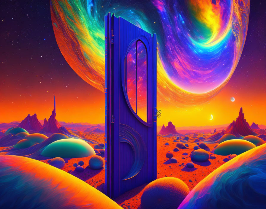 Colorful surreal landscape with standalone door, planetary bodies, starry sky, and alien terrain under orange