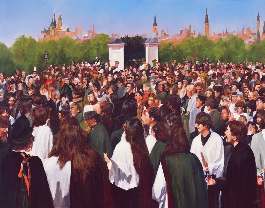 Historical crowd in park with city skyline view