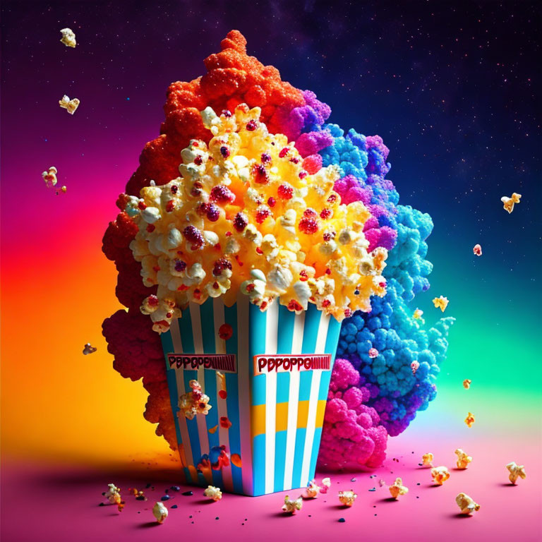 Colorful Overflowing Popcorn Bucket on Gradient Background