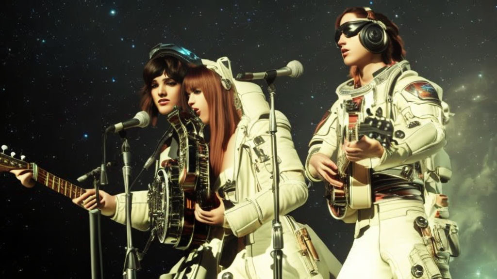 Three astronauts in suits play music in space scene