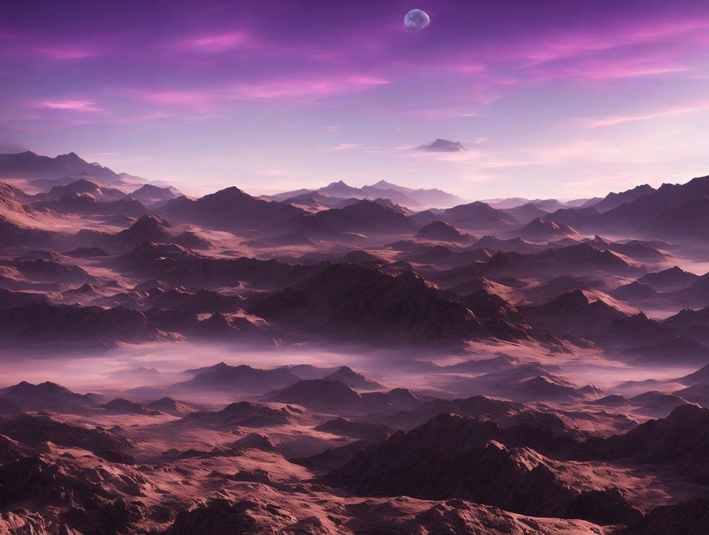 Dark mountains under purple sky with distant planet: A surreal landscape scene.